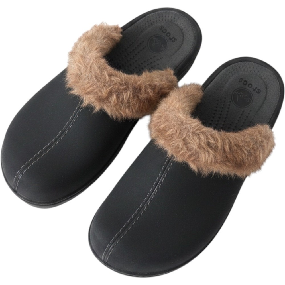 Crocs Women Black Faux Fur Trim Wedge Clogs Slip On Platform Mules Round Toe